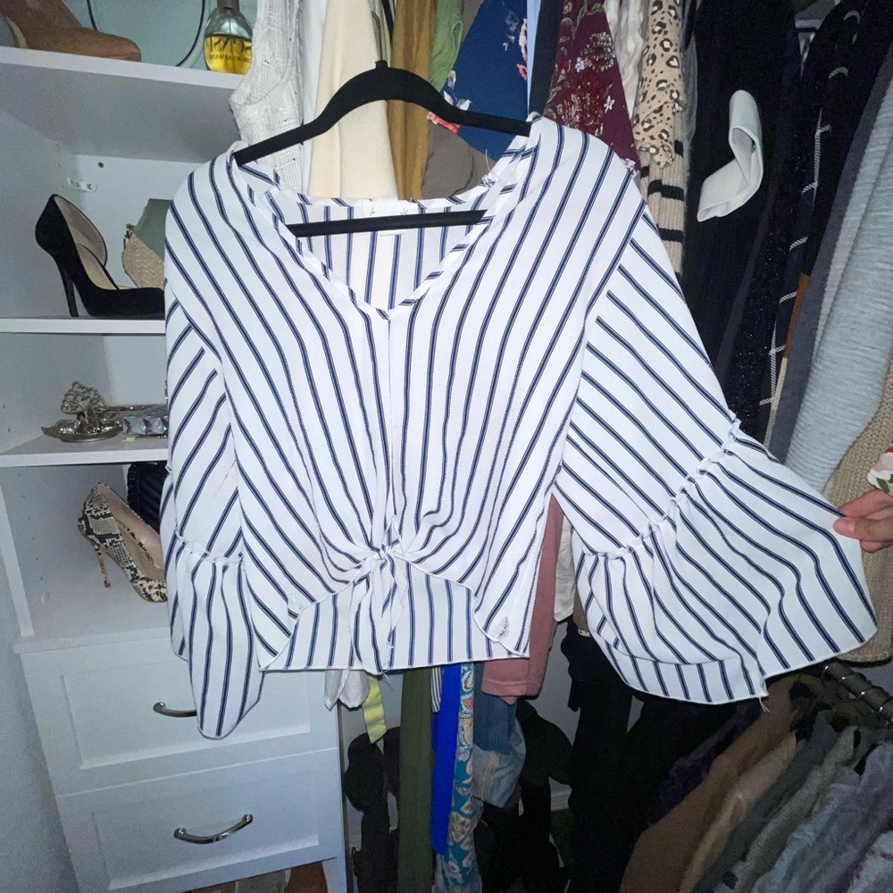 Flowy white and navy blue shirt
